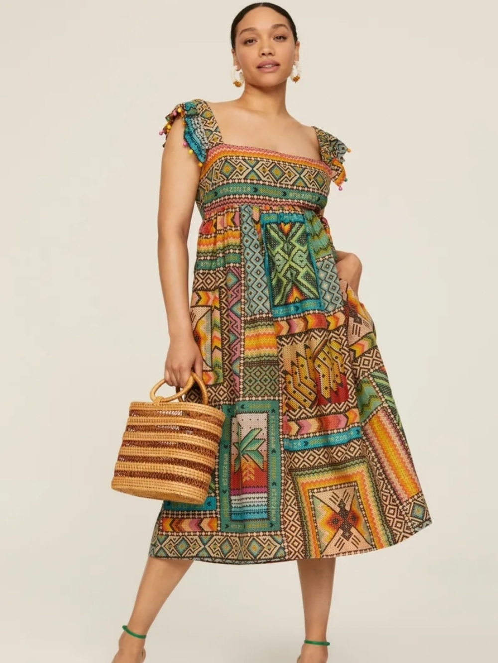 FARM RIO...Bohemian Patchwork Midi Dress in Multicolor